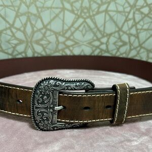 Ariat Brown Leather Belt with Ornate Silver Buckle